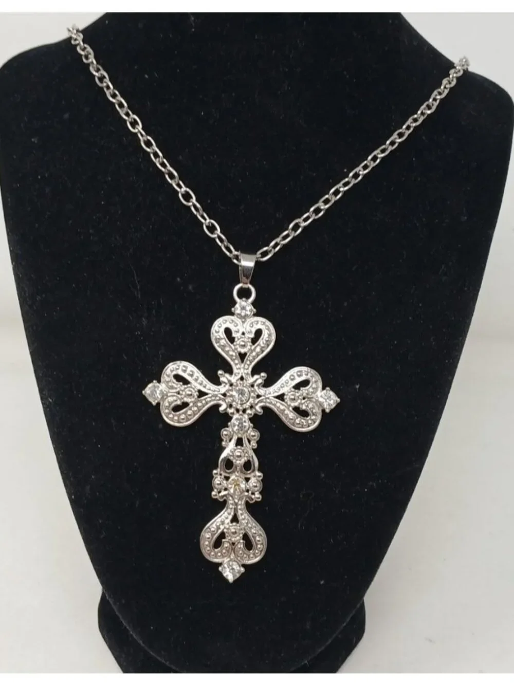 SilverTone Filigree Cross W/ Hearts Necklace Clear Rhinestones Statement 32" #J1 - Picture 1 of 6